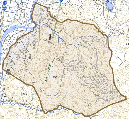 佐野とその周辺の地図。町の範囲を重ねている