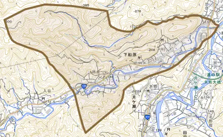 下船原とその周辺の地図。町の範囲を重ねている
