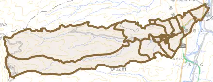 修善寺とその周辺の地図。町の範囲を重ねている