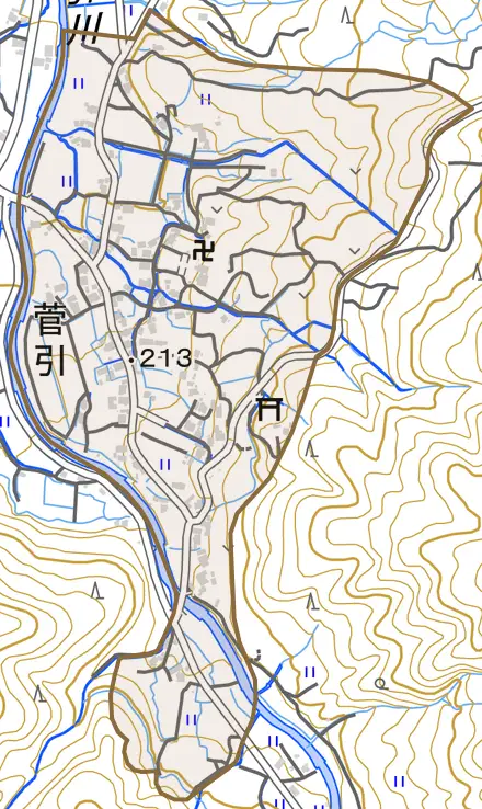 菅引とその周辺の地図。町の範囲を重ねている