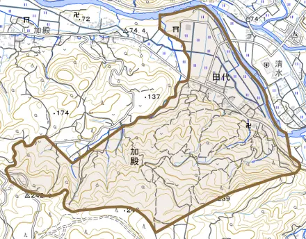 田代とその周辺の地図。町の範囲を重ねている