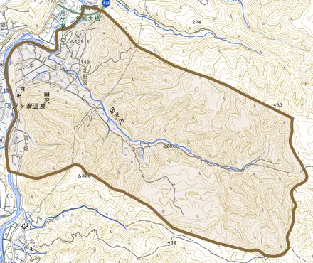 田沢とその周辺の地図。町の範囲を重ねている