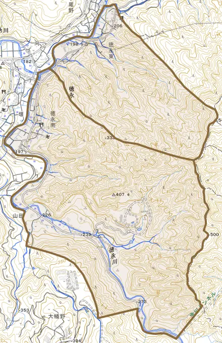 徳永とその周辺の地図。町の範囲を重ねている