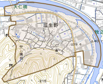 瓜生野とその周辺の地図。町の範囲を重ねている