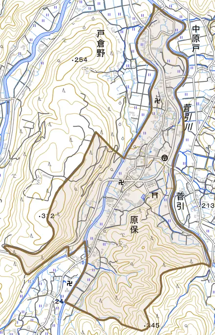 原保とその周辺の地図。町の範囲を重ねている