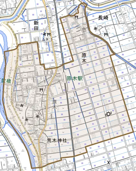 原木とその周辺の地図。町の範囲を重ねている