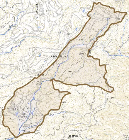 長者原とその周辺の地図。町の範囲を重ねている