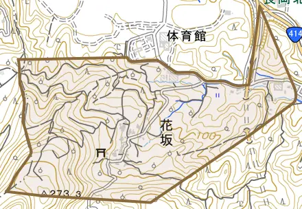 花坂とその周辺の地図。町の範囲を重ねている