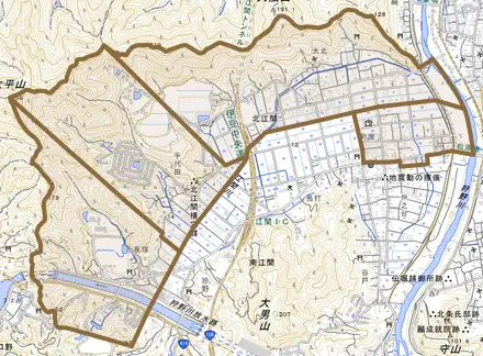 北江間とその周辺の地図。町の範囲を重ねている