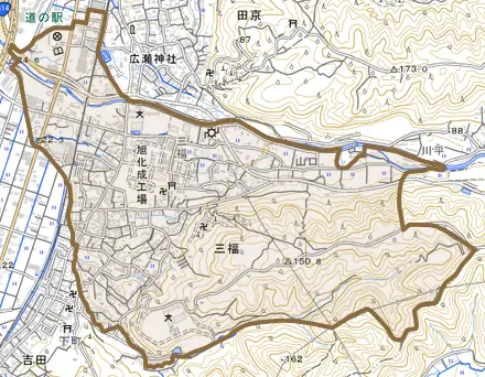 三福とその周辺の地図。町の範囲を重ねている