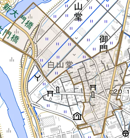 御門とその周辺の地図。町の範囲を重ねている