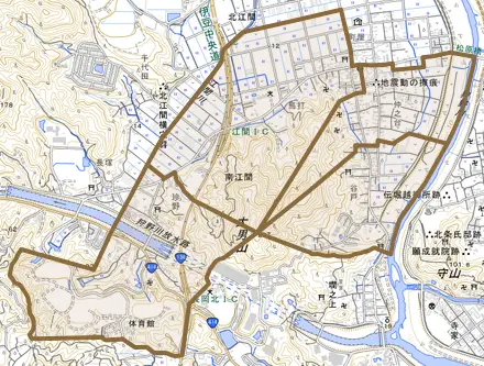 南江間とその周辺の地図。町の範囲を重ねている