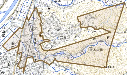 守木とその周辺の地図。町の範囲を重ねている