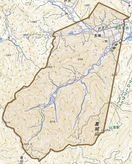 長瀬とその周辺の地図。町の範囲を重ねている