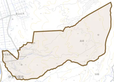 中とその周辺の地図。町の範囲を重ねている