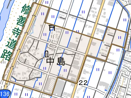中島とその周辺の地図。町の範囲を重ねている