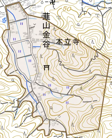 韮山金谷とその周辺の地図。町の範囲を重ねている