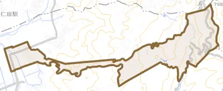 韮山多田とその周辺の地図。町の範囲を重ねている
