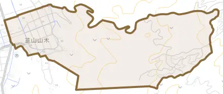 韮山山木とその周辺の地図。町の範囲を重ねている