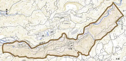 下畑とその周辺の地図。町の範囲を重ねている