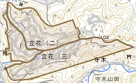 立花とその周辺の地図。町の範囲を重ねている