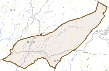 田原野とその周辺の地図。町の範囲を重ねている