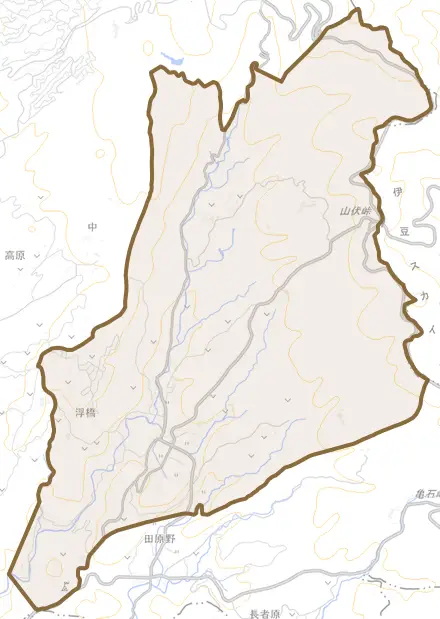 浮橋とその周辺の地図。町の範囲を重ねている