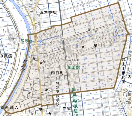 四日町とその周辺の地図。町の範囲を重ねている