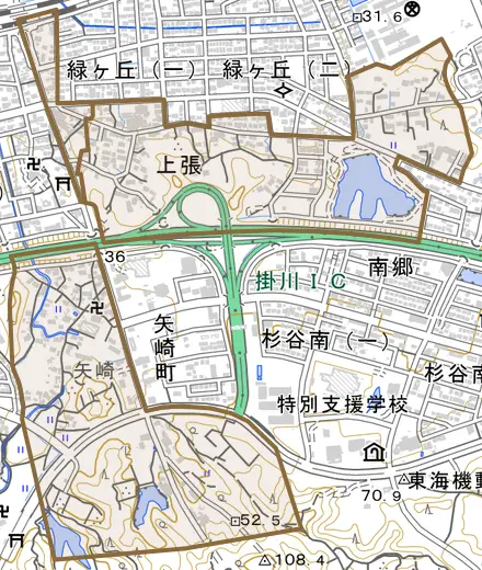 上張とその周辺の地図。町の範囲を重ねている