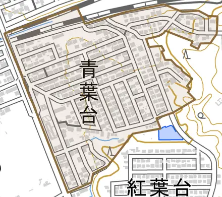 青葉台とその周辺の地図。町の範囲を重ねている