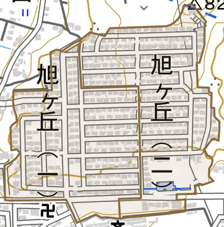 旭ケ丘とその周辺の地図。町の範囲を重ねている
