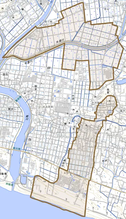 千浜とその周辺の地図。町の範囲を重ねている