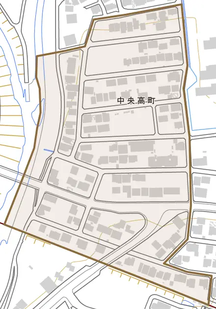 中央高町とその周辺の地図。町の範囲を重ねている