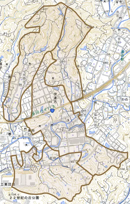 伊達方とその周辺の地図。町の範囲を重ねている