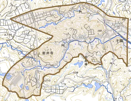 岩井寺とその周辺の地図。町の範囲を重ねている