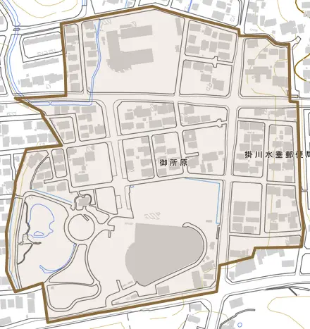 御所原とその周辺の地図。町の範囲を重ねている