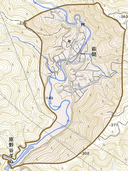 萩間とその周辺の地図。町の範囲を重ねている