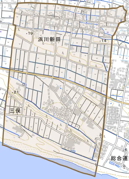 浜川新田とその周辺の地図。町の範囲を重ねている