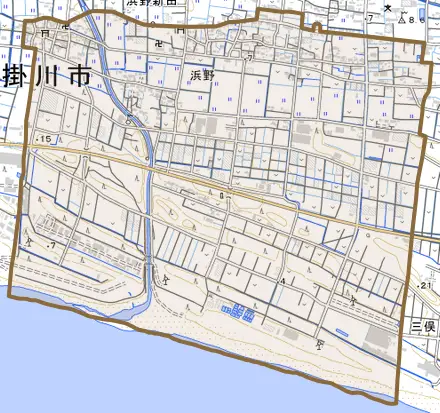 浜野とその周辺の地図。町の範囲を重ねている