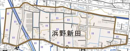 浜野新田とその周辺の地図。町の範囲を重ねている