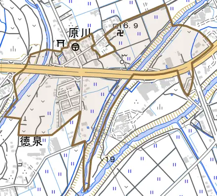 原川とその周辺の地図。町の範囲を重ねている