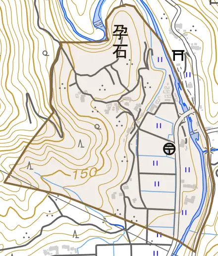 孕石とその周辺の地図。町の範囲を重ねている