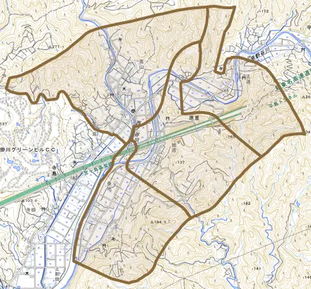 原里とその周辺の地図。町の範囲を重ねている