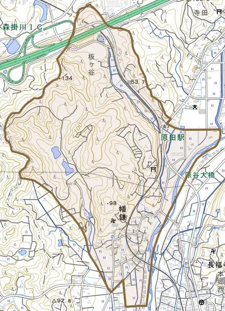 幡鎌とその周辺の地図。町の範囲を重ねている
