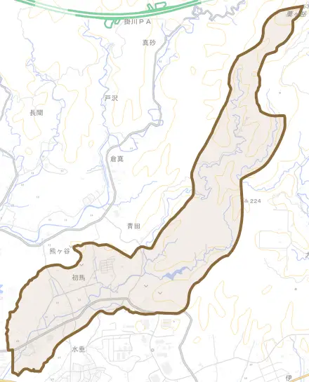 初馬とその周辺の地図。町の範囲を重ねている