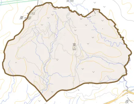 東山とその周辺の地図。町の範囲を重ねている