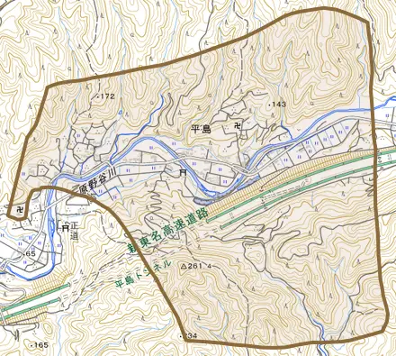 平島とその周辺の地図。町の範囲を重ねている