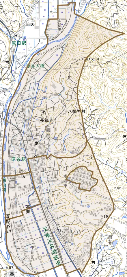 本郷とその周辺の地図。町の範囲を重ねている