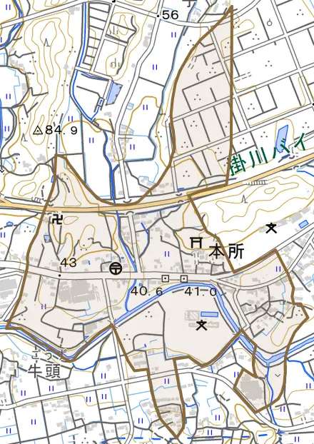 本所とその周辺の地図。町の範囲を重ねている