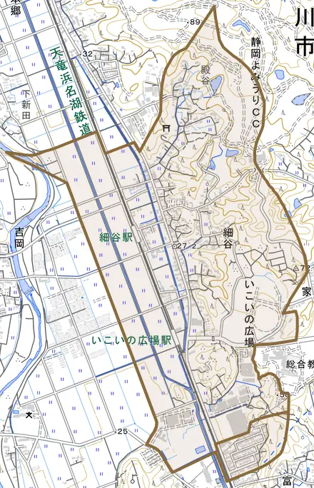 細谷とその周辺の地図。町の範囲を重ねている